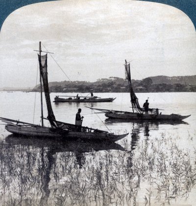 Fiskebåter som kommer hjem ved solnedgang, nær Yokohama, Japan, 1904. av Underwood and Underwood