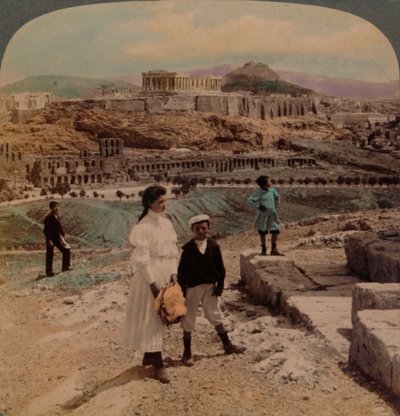 Akropolis i Athen, Lycabettus og det kongelige palasset, fra Philopappos-monumentet, 1907. Kunstnere: Elmer Underwood, Bert Elias Underwood. av Underwood and Underwood