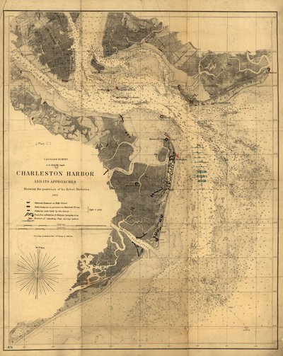 Charleston havn og dens innseilinger som viser posisjonene til opprørernes batterier. LOC 99448827 av United States Coast Survey