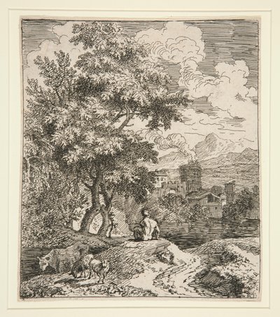 En hyrde, to sauer og en ku i et landskap av Unknown