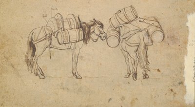 En utsikt over Tiberen nær Ripa Grande, Roma (recto); Studie for to hester som bærer tønner (verso) av Unknown