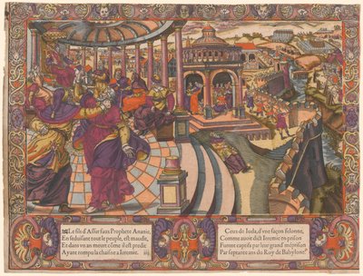 Ananias falske profet, forfører folket og bryter Jeremias lenke, Judas folk er fanget i Babylon. (Ananias den falske profeten forfører folket og knekker Jeremia av Unknown