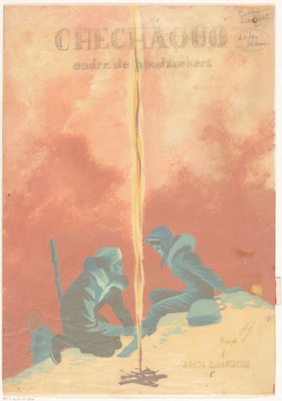 Bandontwerp voor: Jack London, Chechaquo onder de goudzoekers (Chechaquo and old timers), 1958   1394440   no       norwegian Successfully Translated  Original: Antieke vrouwelijke figuur in vulkaanlandschap Attention. (title on object) Translat: Antieke v av Unknown