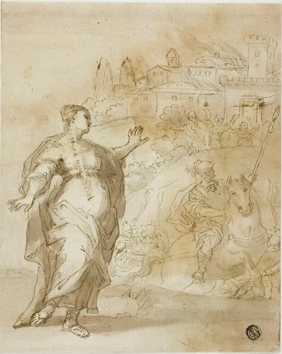 Cassandra før den brennende byen Troy av Unknown