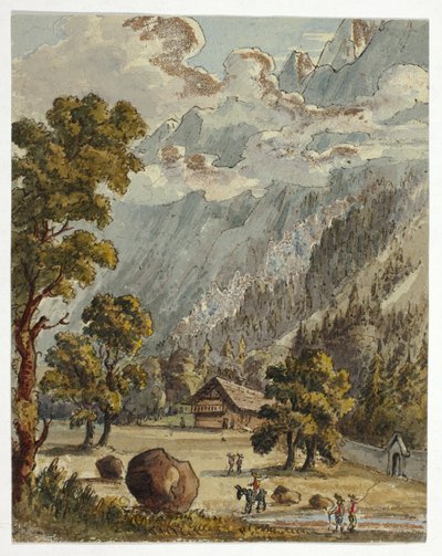 Hytte og hage under Alpene (foran); Village amp; Glacier du Boissons, Chamix (bak) av Unknown