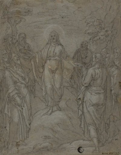 Kristus og apostlene (recto); Skisse av en fødselsscene (verso) av Unknown