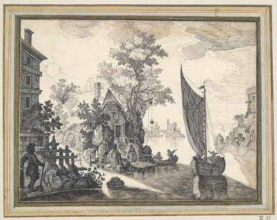 Fantastisk landskap med elv og vannmølle av Unknown