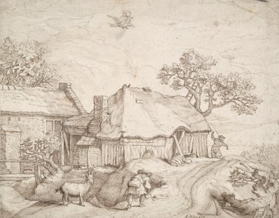 Gårdsbygninger med bønder, en geit og bortføringen av Ganymedes av Unknown