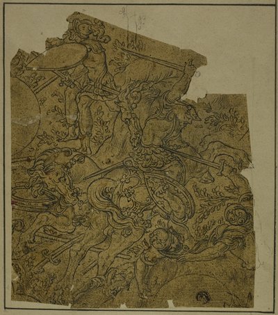 Fragment: Væpnede krigere på hesteryggen kjempende fotsoldater av Unknown