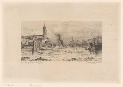 Utsikt over Kehrwiederspitze og en kirke, i Hamburg av Unknown