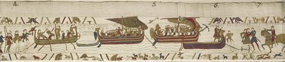 Harold krysser kanalen inn i territoriet til Guy, grev av Ponthieu, hvor han blir tatt til fange, Bayeux-teppe (ullbroderi på lin) av Unknown
