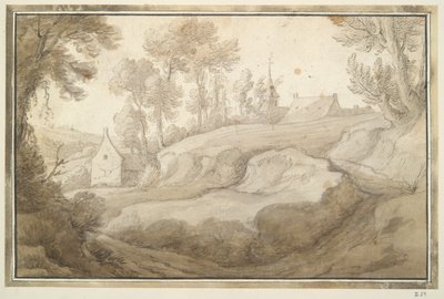Kupert landskap med hus og kirke i mellomdistanse av Unknown