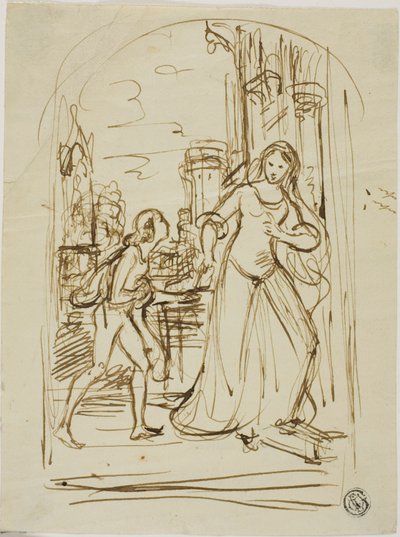Litterær illustrasjon: Middelalderdame med page (rekto); skisser av figurer (verso) av Unknown
