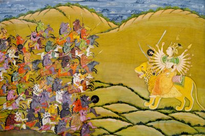 Marwar-maleri: Demonene forbereder seg til kamp mot gudinnen Durga, Mehrangarh Fort-palassmuseet, Jodhpur, Rajasthan, India av Unknown