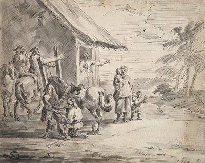 Menn som skoer en hest utenfor et vertshus av Unknown