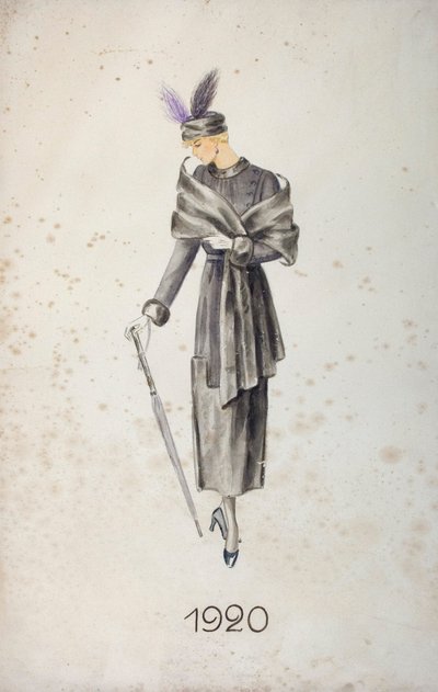 Modell iført frakk og hatt med fjær, med paraply, 1920 av Unknown