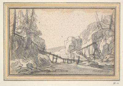 Fjelllandskap med gangbro av tre av Unknown