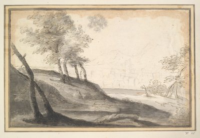 Fjelllandskap med trær og by i avstand av Unknown