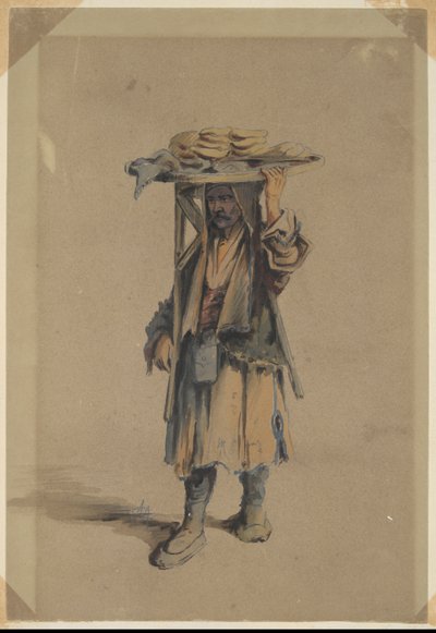 Bonde balanserer et brødbrett på hodet av Unknown