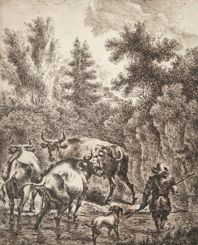 Bonde Fording Stream med storfe og hund av Unknown