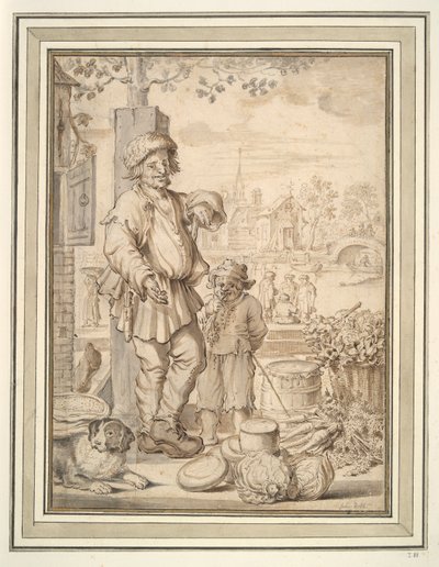 Bondemann og barn på markedet av Unknown