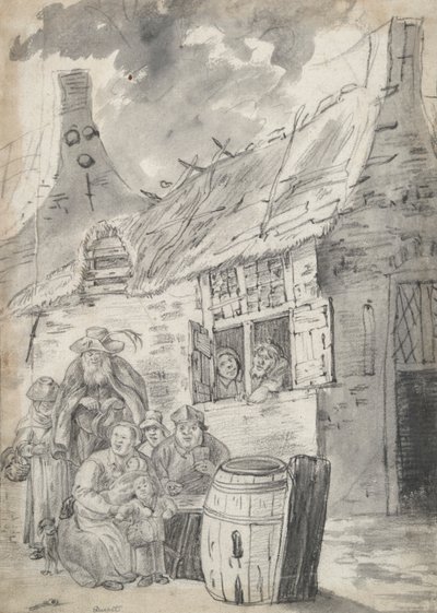 Bønder før en hytte av Unknown