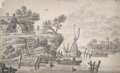 Elvelandskap med høy voll til venstre av Unknown