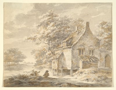 Elvelandskap med hus av Unknown