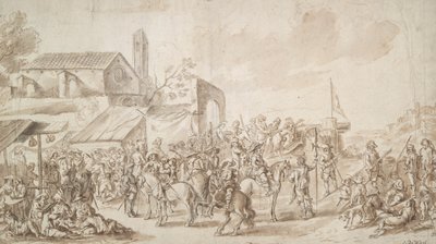 Soldater samlet seg nær en byport av Unknown