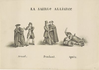 Tegneserie av alliansen laget mellom det romerske geistlige partiet og det liberale partiet mot den nederlandske regjeringen, 1828 La Sainte Alliance (tittel på objekt) av Unknown