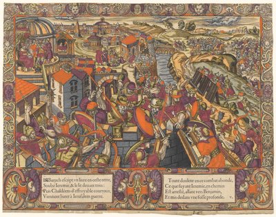 Historien om Jeremia: Baruk skriver en bok under Jeremia, kaldeerne beleirer Jerusalem, Jeremia blir lagt i en grøft (Jeremia 36-38) av Unknown