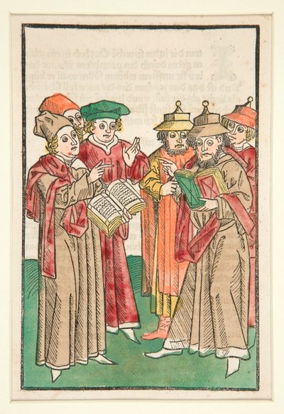 Three Christian and Three Jewish Scholars Disputing, illustrasjon fra Der Seelen-Wurzgarten av Unknown