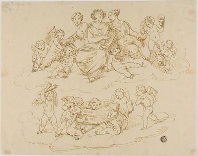 Tre muser (Urania, Terpsichore og Thalia) med Putti av Unknown