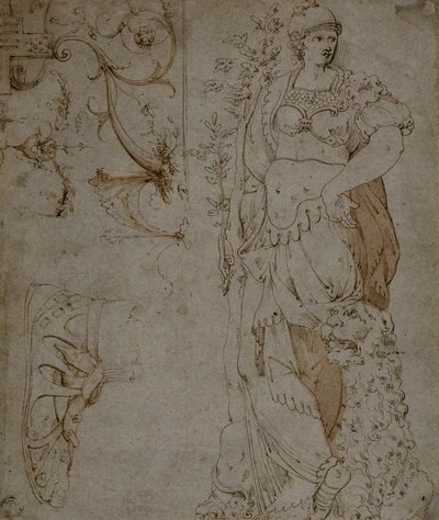 Tre skisser: Fortitude, a Sandal og Grotesques (recto); Skisser av Grotesques og Roman Cuirass (verso) av Unknown