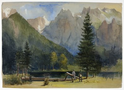 Two Men by Pond under Alpene av Unknown