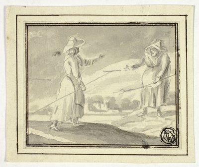 To bondekvinner som hilser på hverandre på et felt av Unknown