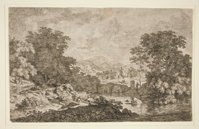 Uten tittel [Pastoral scene - fjellandskap nær vannmasse og fem figurer] av Unknown
