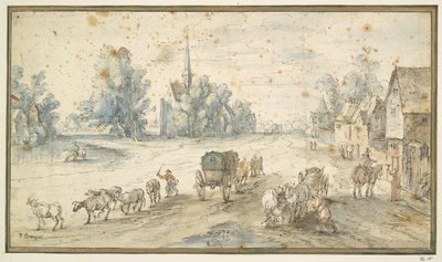 Landsbygate med storfe og kjerrer av Unknown