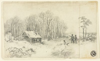 Woodland Hut, med jegere som nærmer seg av Unknown
