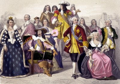 1610 til 1774. Marie de Medici, Ludvig XIII, Ludvig XV, Marie Antoinette og Ludvig XVI. Gravering av 1800-tallet. av Unknown artist