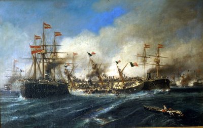 20/07/1866: Slaget ved Lissa utenfor Dalmatia: østerrikerne ødelegger den italienske flåten. av Unknown artist