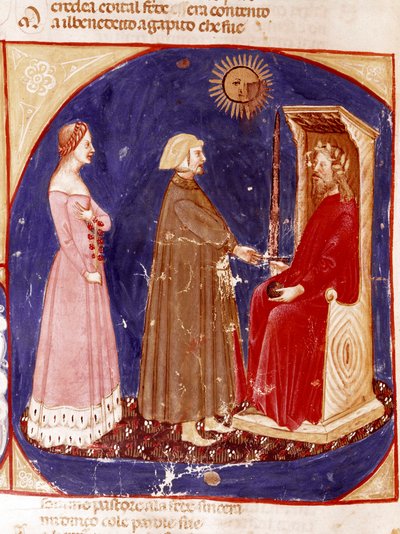 2. himmel: Dante og Beatrice møter den romerske keiseren Justinian i paradisets 1. himmel. Opplyst side som illustrerer en sang fra Paradiset fra "Divina Commedia" av Dante Alighieri (1265-1321). 1300-tallet, Venezia, Biblioteca Marciana av Unknown artist