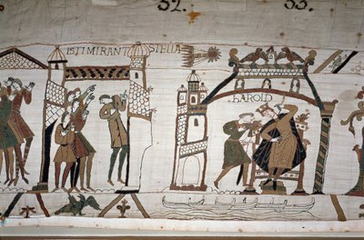 32: Kometens utseende; 33: En budbringer advarer kong Harold II (1022 - 1066) - Bayeux-teppet, kjent som Embroidery of Queen Mathilde av Unknown artist