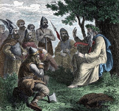 A Bard Reciting to Northmen - Viking Civilization: A Bard Druid Recite Poesy to Warriors, 8.-9. århundre av Unknown artist