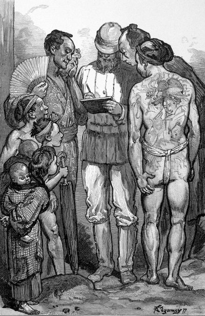En europeisk oppdagelsesreisende omgitt av japanere - i "" japanske turer"" av Emile Guimet av Unknown artist