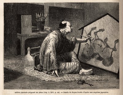 En japansk kunstner som maler et yema (legendarisk hestemaleri). Gravering for å illustrere reisen til Japan, i 1863-1864, av Aime humbert, minister for det sveitsiske konføderasjonen, i "" Le tour du monde, nouveau journal des voyages"" publisert under di av Unknown artist