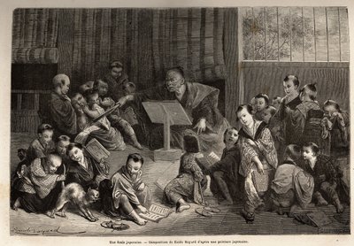En japansk skole, for instruksjon av unge gutter, som sitter på huk rundt læreren sin, lærer de gjennom resitasjonsøvelser elementene i alfabetet og grammatikken. Gravering for å illustrere reisen til Japan i 1863-1864, av Aime Humbert, minister for t. av Unknown artist
