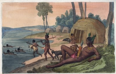 En Korah Hottentot-landsby på venstre bredd av Orange River - gravering fra "" skikker og tradisjoner til alle folkeslag i universet. Det er historien om regjeringen, lovene, militsen, om religionen til alle nasjoner fra de fjerneste tider og opp til dagen av Unknown artist