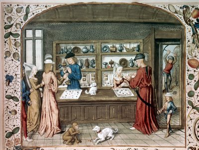En miniatyrsmykkebutikk fra "" Le lapidaire de Jean (Jehan) de Mandeville (1300-1372)" Paris fra 1400-tallet, B.N. av Unknown artist
