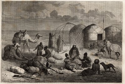 En Turcoman-leir i grenseområdet til Turkestan og Persia, hvert telt, laget av treespalier og dekket med filt, huser en familie. Gravering for å illustrere historien om Henri de Blocqueville "14 mois de captivite chez les turcomans"" mellom 1860 og av Unknown artist
